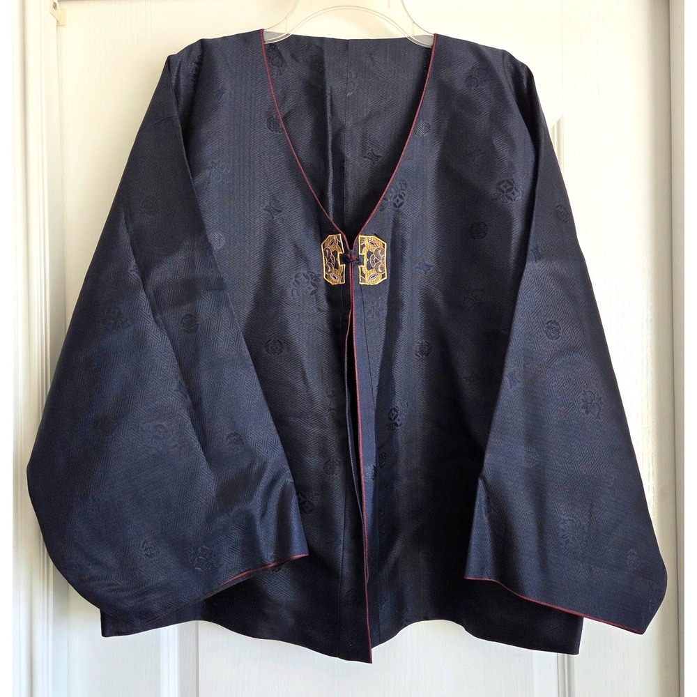 VTG Korean Hanbok Jeogori Navy Blue Jacquard Jacket Embroidered Frog Closure